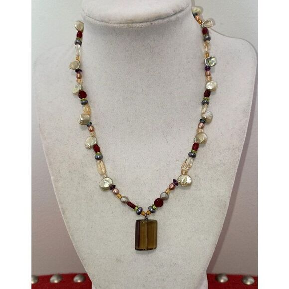 Citrine Garnet Mother of Pearl Freshwater Beaded Necklace Boho Beach 16-18" - Picture 2 of 4